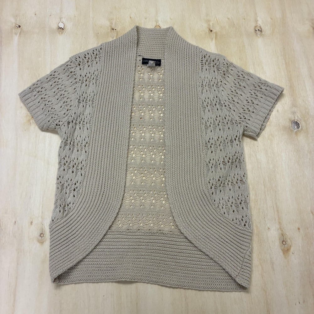 Y2K Yarn Arts Cardigan Sweater Women M Beige Open Knit Short Sleeve Floral Sheer